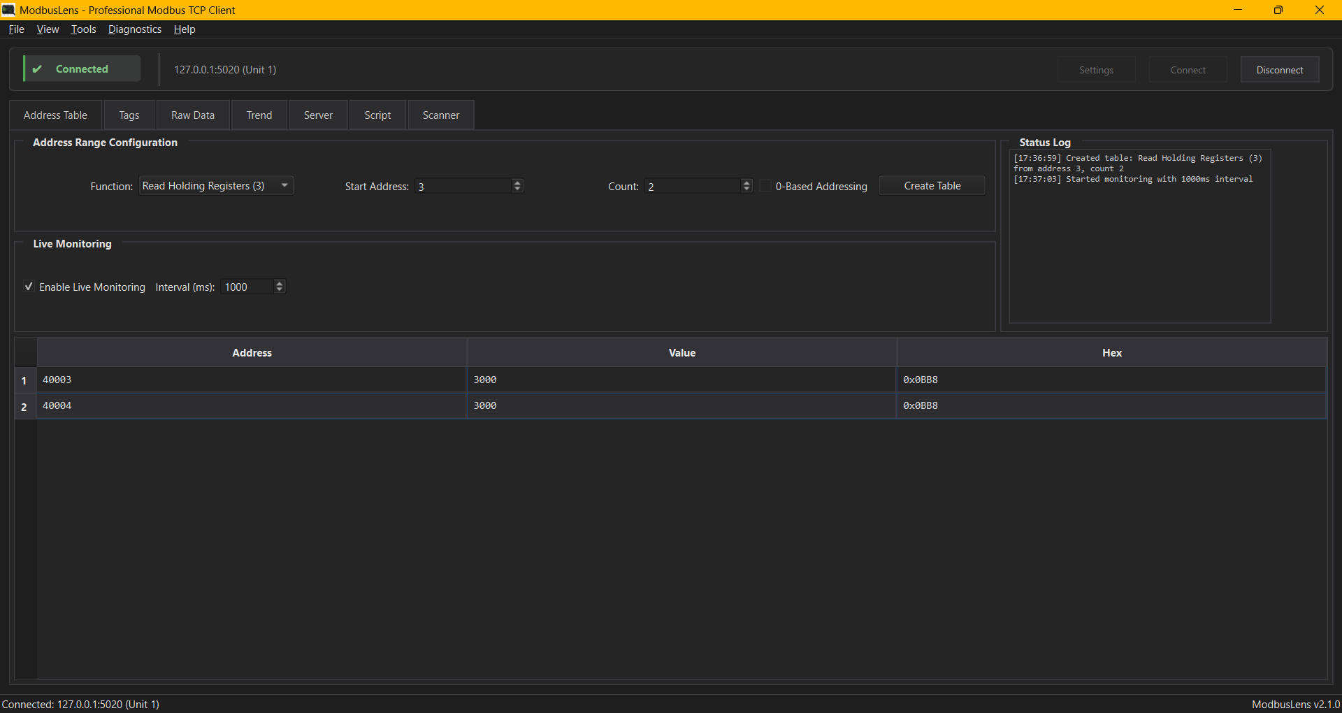 ModbusLens Address Table window reading live holding registers