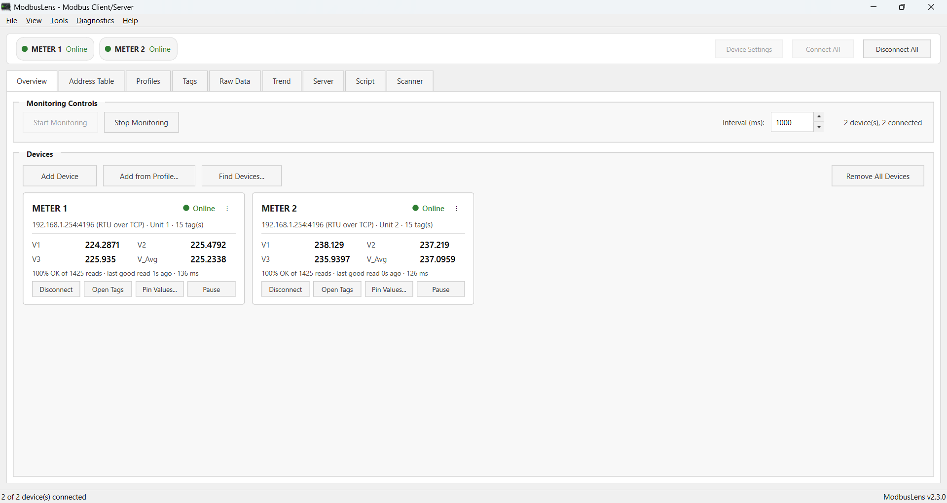 Overview tab with two meters online, live values and per-device status