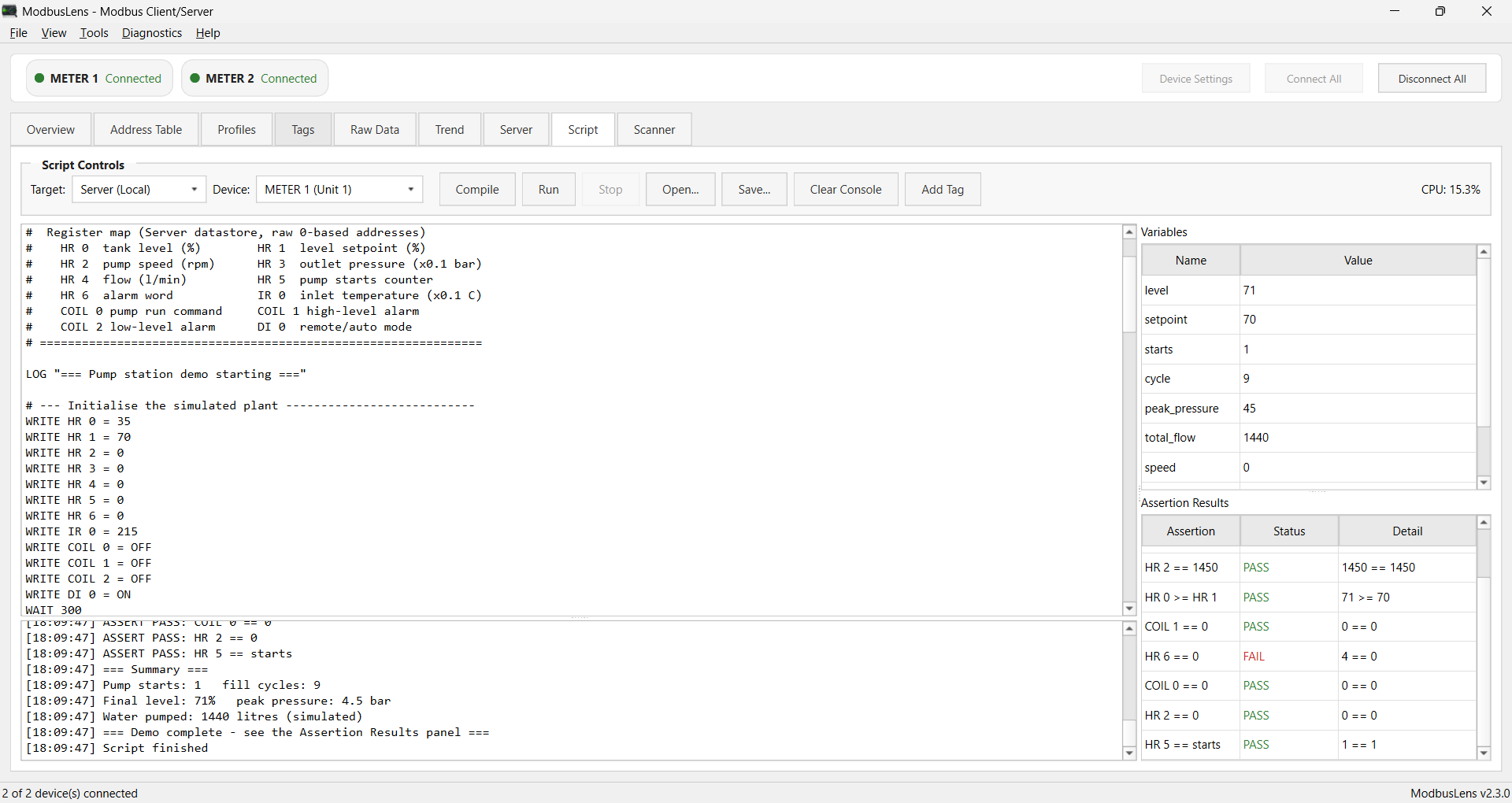 Script tab running a test sequence